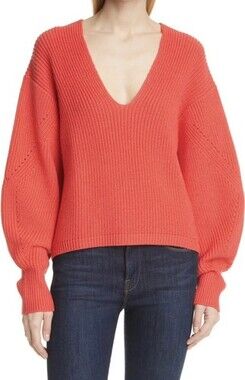La Ligne Sweater Eva Merino Wool Balloon Sleeve V Neck Red Size XL NEW